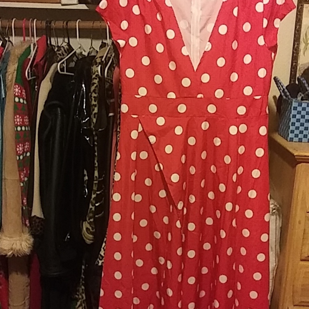 Red and white polk a dot cocktail dress.